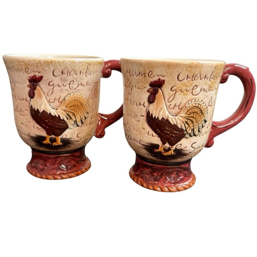 Beautiful Pair (2) Collections Country Rooster Pedestal Coffee Mug Ceramic 10 oz